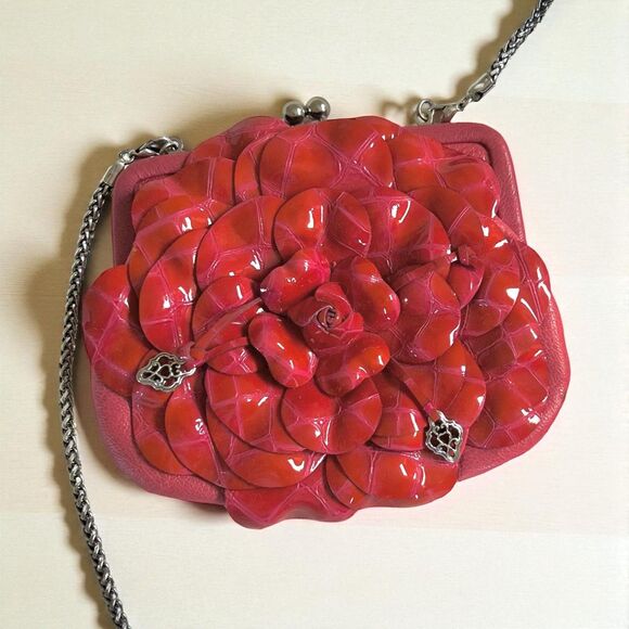 Brighton Rosalie Red Pink Patent Leather Flower Kiss Lock Crossbody Bag - Picture 1 of 13